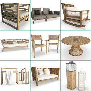 3D set wooden furniture armchairs