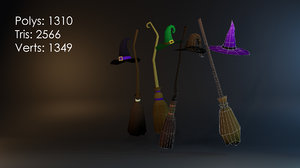 3D witch set hat broom model