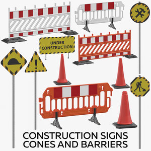 3D construction signs cones barriers