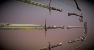 3D set rusty medieval weapons model