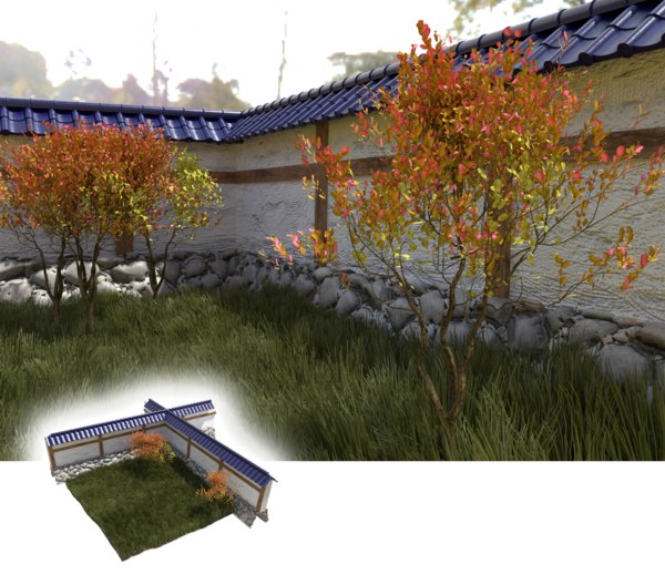 japanese garden wall bushes 3D model