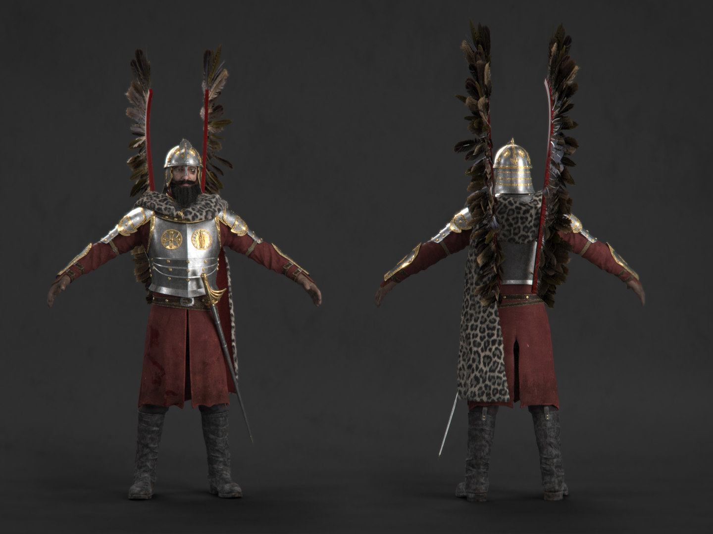  Front and back view of a Polish hussar in full armor, including a kurtka, wings, and leopard fur.