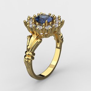 3D gold ring saphire diamonds model