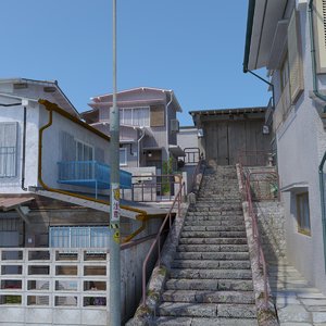 3D model old japanese scene buildings