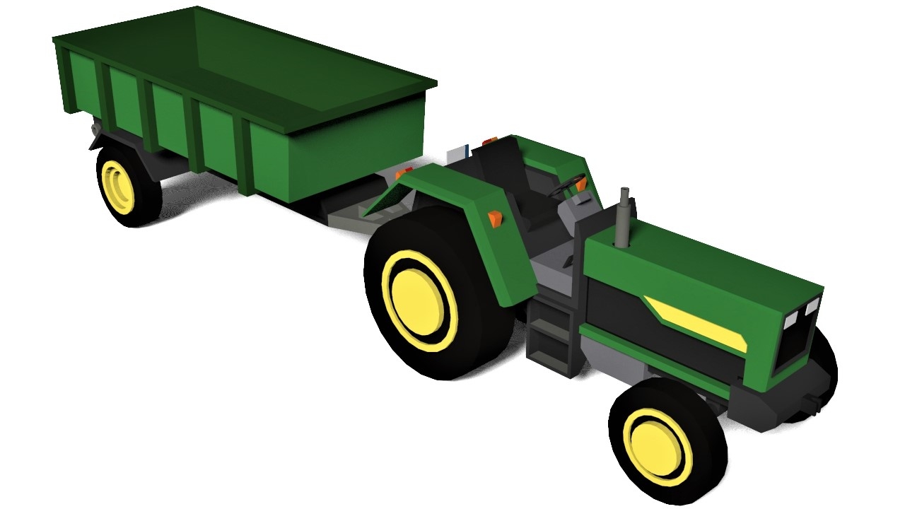 cartoon farm tractor with trailer3d模型