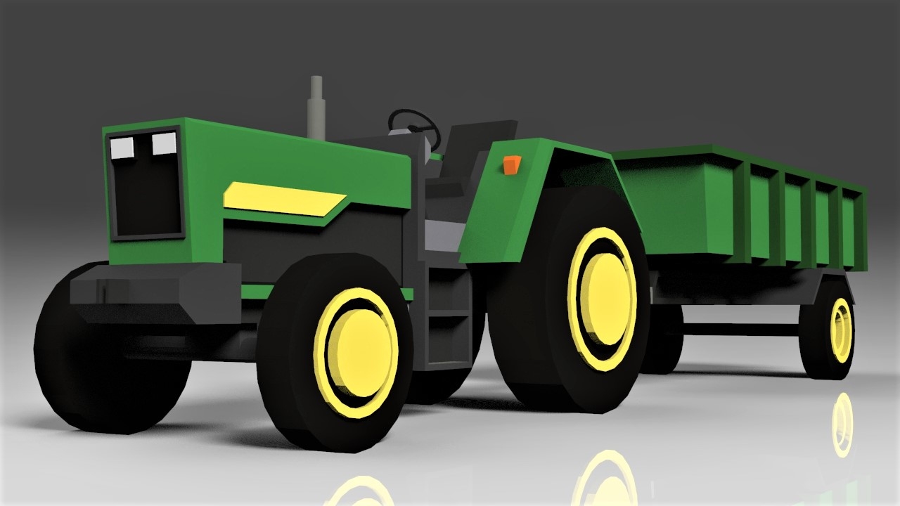 cartoon farm tractor with trailer3d模型