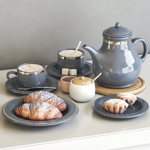 tea set croissant muffin 3D model