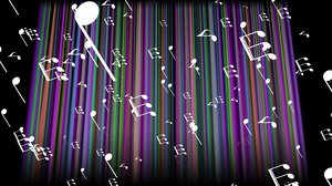 Flying notes on multicolored background