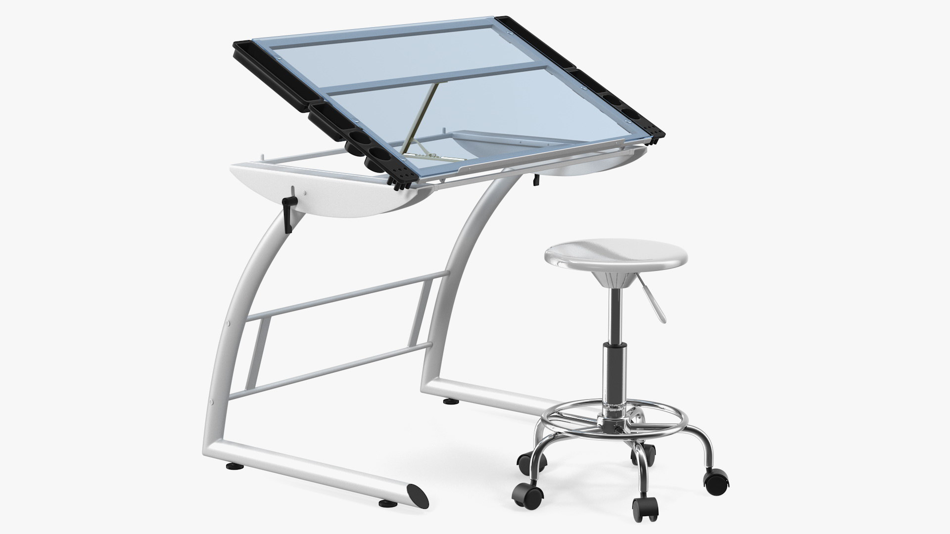Triflex Adjustable Glass Drawing Table with Stool White 3D 모델