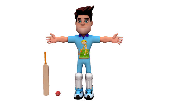 3D model cricket player boy cartoon